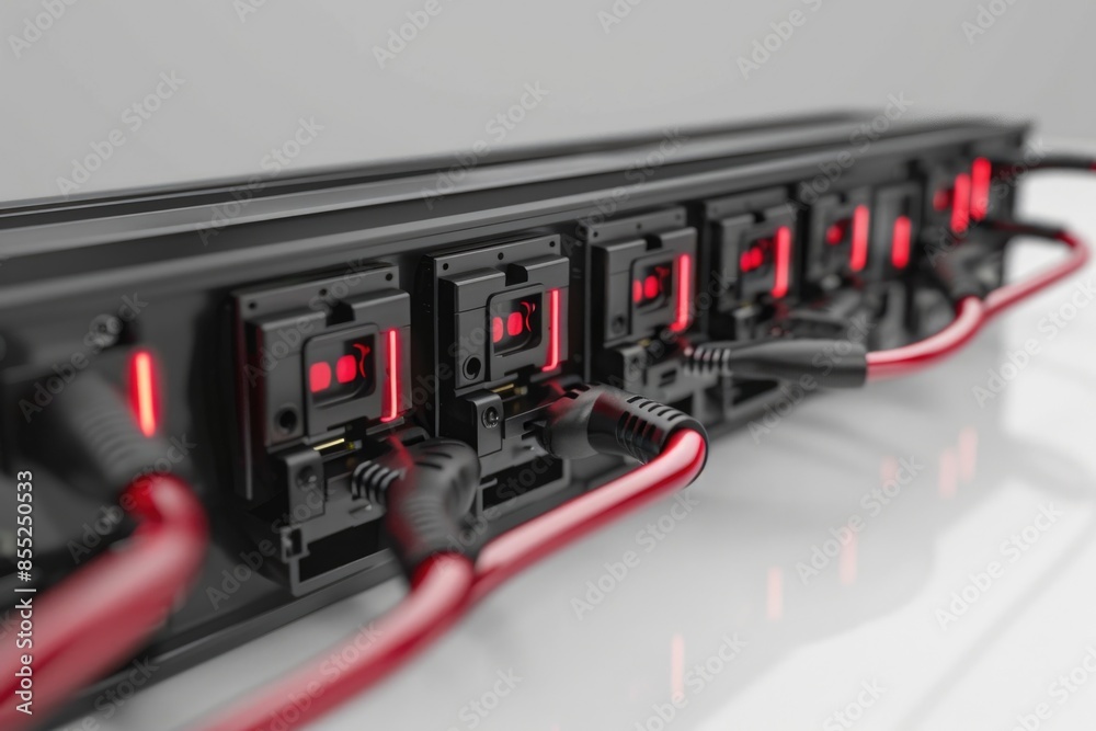 Poster close-up view of wires connected to a power strip, useful for technology and electrical themed image