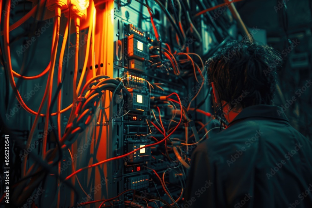 Aufkleber A person standing near a collection of wires, suitable for use in various technological contexts