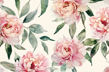 Fototapeta premium Delicate floristic vintage peonies floral watercolor pattern and green leaves in soft pastel colors and boho style on white background