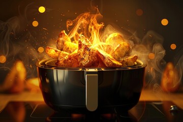 A kitchen appliance with flames coming out of it, used for frying food