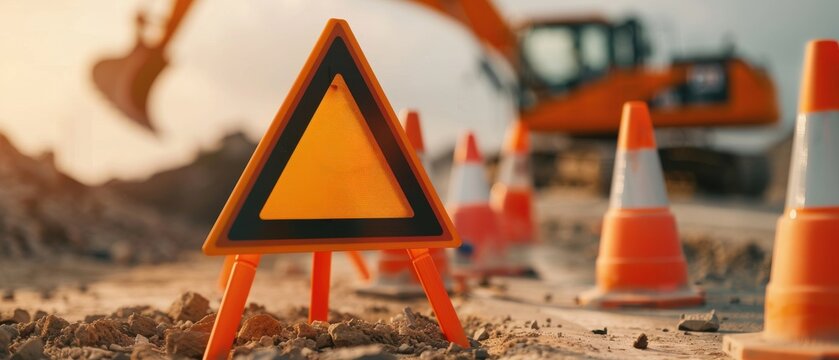 Construction Warning Sign and Safety Cones at Work Site