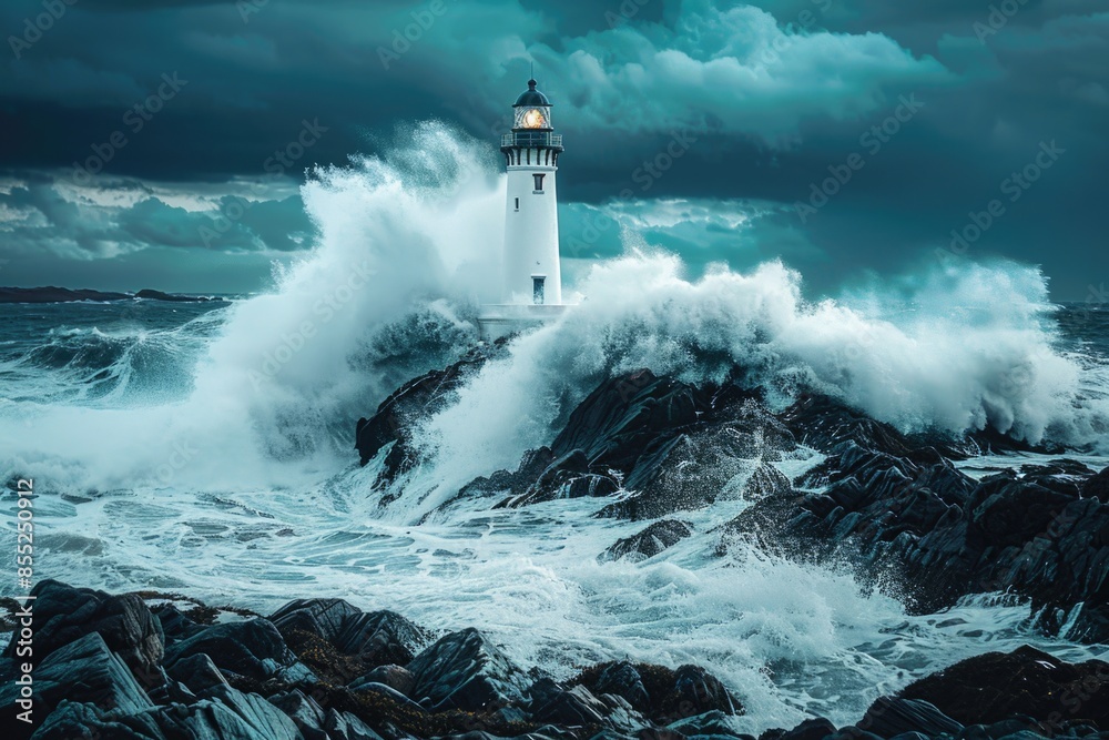 Aufkleber a lighthouse stands tall on top of a rocky outcropping in the middle of the ocean, providing guidanc