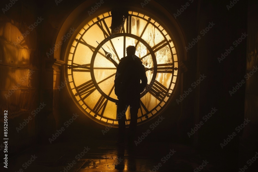 Poster A person stands in front of a large clock tower, providing an informative phrase about the scene and a brief suggestion for where this picture could be used