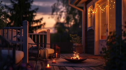 A fire pit situated on a deck next to a chair, perfect for outdoor gatherings or cozying up with friends and family