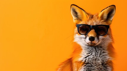 Obraz premium Fox wearing sunglasses on bright orange turquoise background travel advertising campaign copyspace