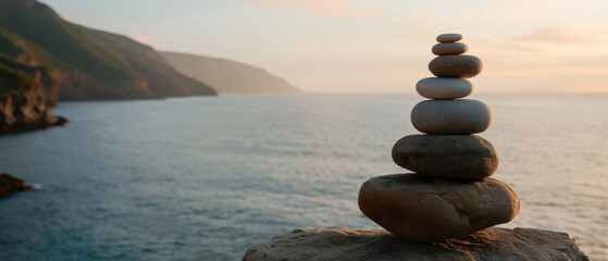 Stacked Stones by the Sea at Sunset