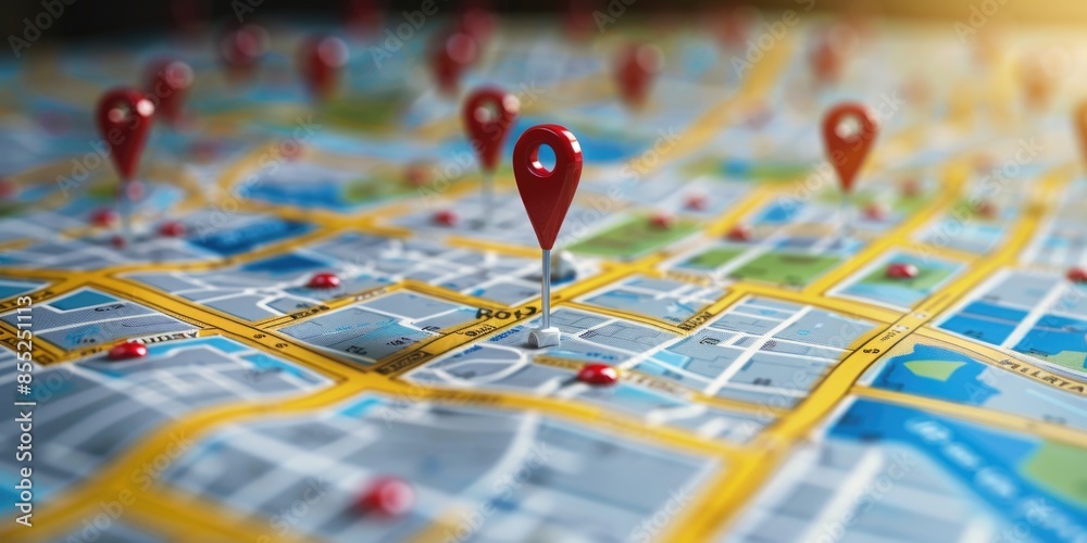 Fototapete Close-up view of a map with various markers and symbols, ideal for use in presentations or reports where detailed information is required