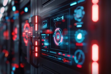 Obraz premium Futuristic Interface in Data Center with Red and Blue Lights