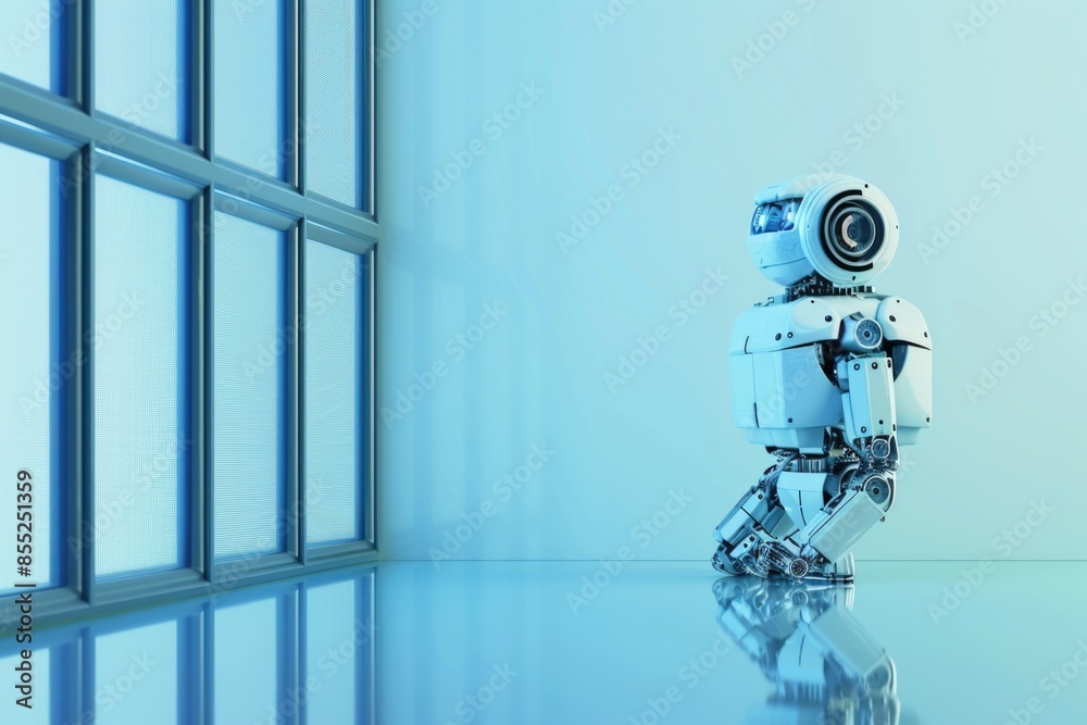 Aufkleber a robot standing by a window, suitable for use in technology or futuristic themed designs