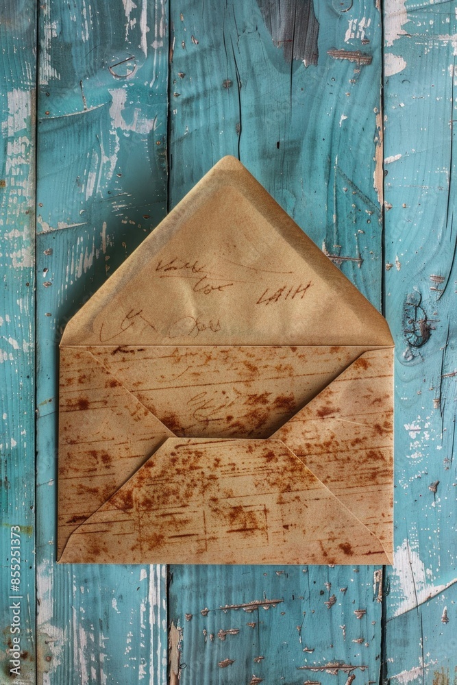 Poster a brown envelope contains a piece of paper on a wooden surface, ready to be opened or read