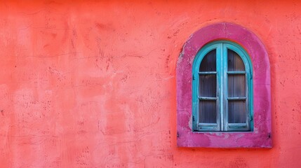 Vintage window in fuchsia and purple on a coral wall