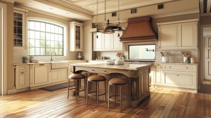 Fototapeta premium A large modern kitchen with a central island and bar stools, ideal for casual dining or entertaining