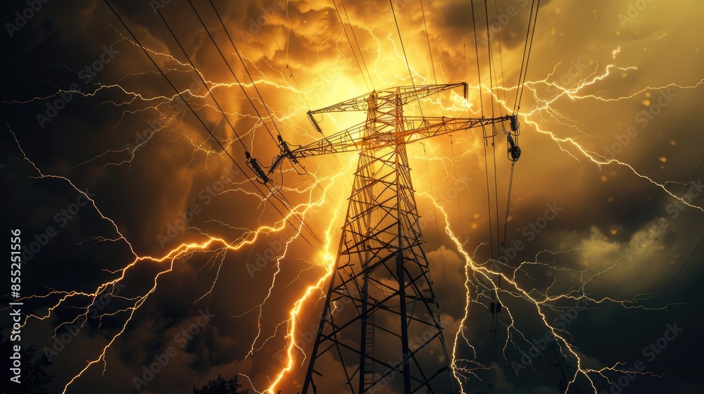 Poster A power line with lightning in the background