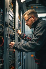 A person is sitting at a desk with a computer, surrounded by servers and network equipment