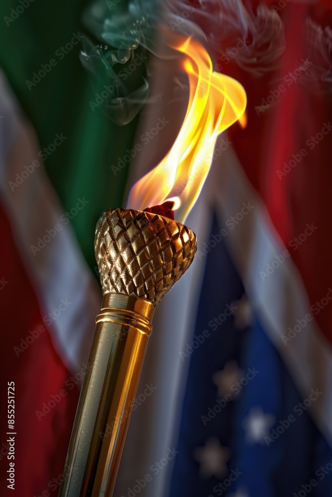 Aufkleber A close-up shot of a torch with a flag waving in the background, suitable for use in patriotic or celebratory contexts