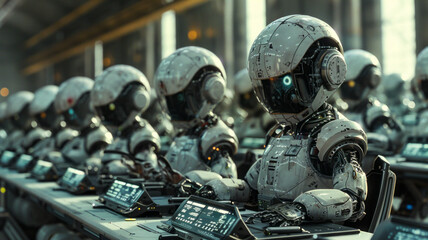 Fototapeta premium A futuristic classroom: robotic students, one puzzled human.generative ai