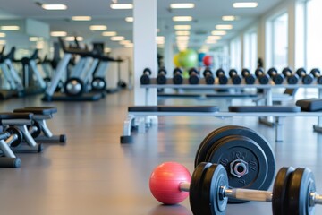Fototapeta premium A Pink Ball and Dumbbells Resting in a Well-Lit Gym
