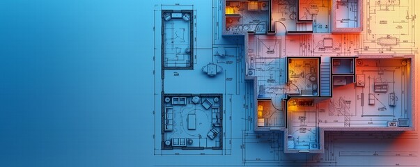 An aerial view of an architectural blueprint split with dual lighting of warm and cool tones