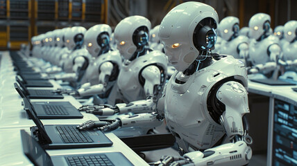 Fototapeta premium A futuristic classroom: robotic students, one puzzled human.generative ai