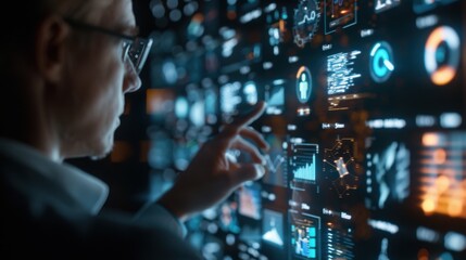 A businessman wearing glasses interacts with a futuristic digital interface, analyzing data and charts.