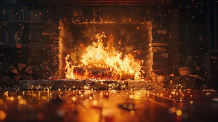 Fototapeta premium A crackling fire burns brightly in a cozy living room fireplace, perfect for a relaxing atmosphere