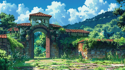 Obraz premium the cuntry, generative ai, landscape, architecture, curtoone, chasny house, background, art nouveau, city, skyline, skyscraper, building, 