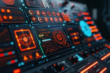 Obraz premium A futuristic interface with glowing orange and blue lights, representing technology and innovation.