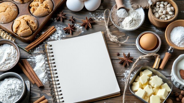 A notebook surrounded by various ingredients on a wooden table, great for use in recipes or cooking scenes