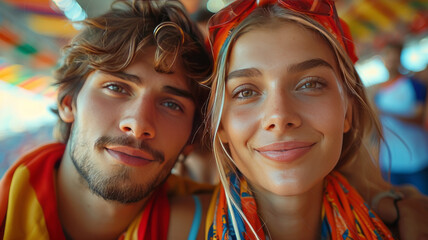 Fototapeta premium 2 german soccer fans looking down at camera, couple, wearing german scarf and jersey,generative ai