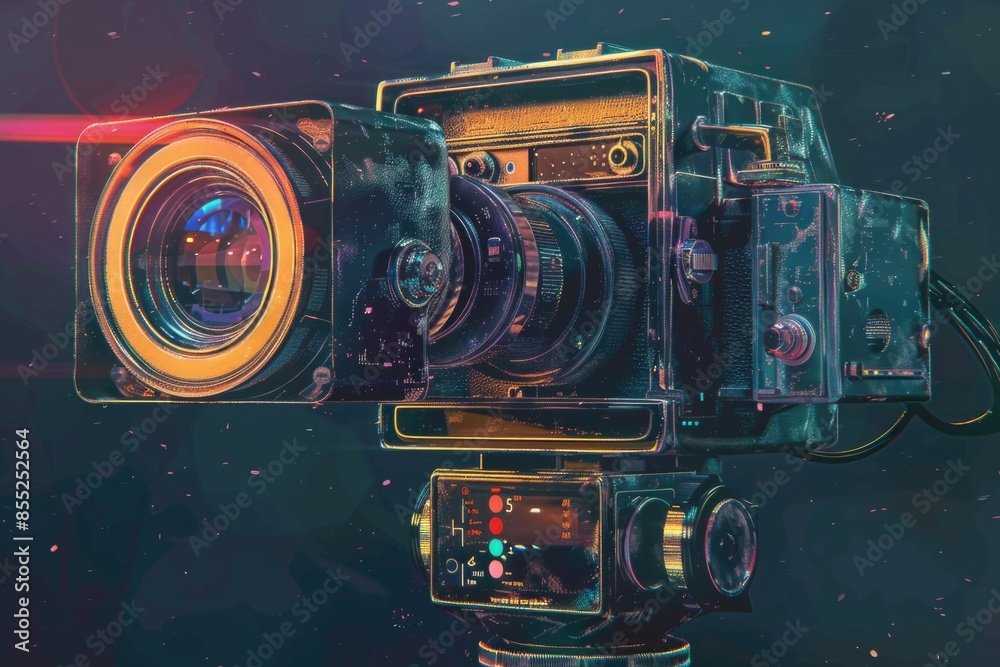 Poster a digital painting of a camera mounted on a tripod, ready for use
