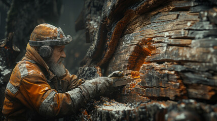 2 carpenters wear doctors outfit and cut a damaged part of a tree in a tree factory, the damaged part looks like a cancer,generative ai