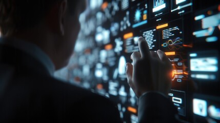 A hand interacts with a futuristic, data-driven interface filled with charts, graphs, and numbers.  The image suggests advanced technology and digital analysis.