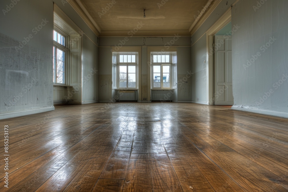 Poster a simple wooden room with a rustic feel, featuring exposed beams and large windows