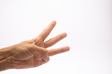 woman's hand with three fingers seen from the palm isolated on white