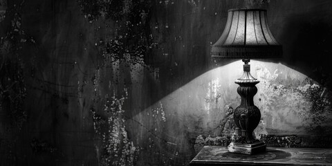 A lamp sits on a table with its light shining upwards