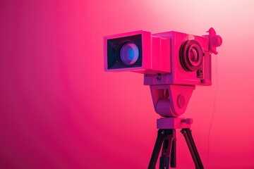 A camera mounted on a tripod against a bright red background