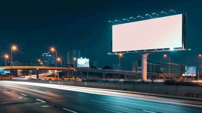 Night town setting with a blank white highway billboard mockup for effective advertising