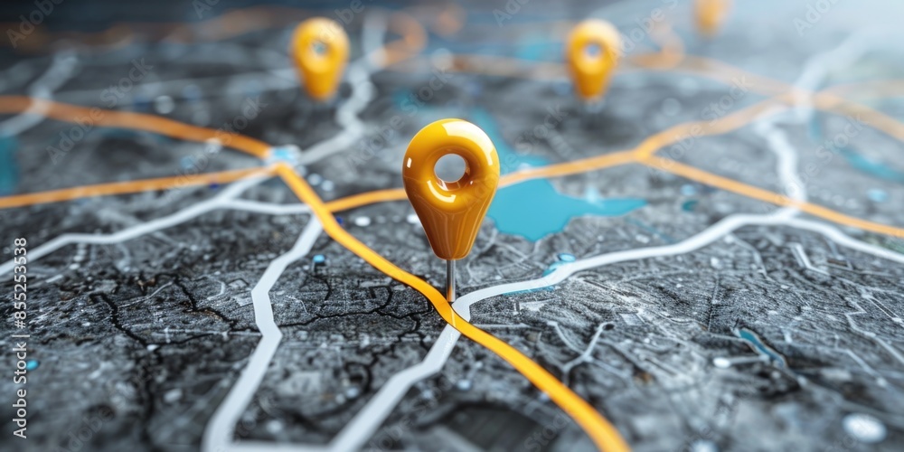 Fototapete A close-up view of a map featuring multiple pins, ideal for use in presentations or reports highlighting various locations