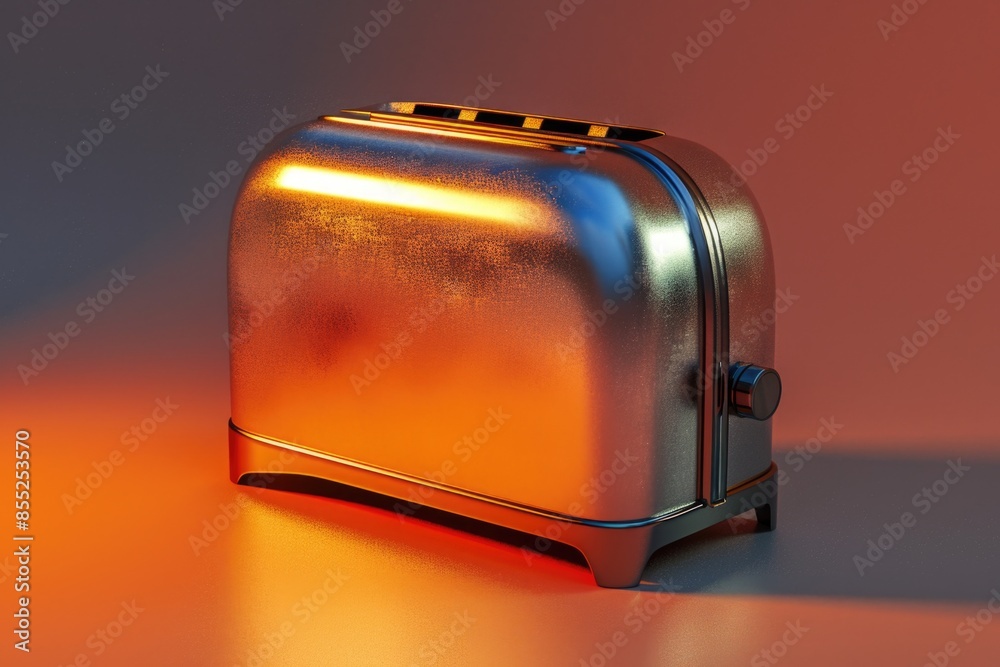 Poster a close-up image of a metallic toaster sitting on a table