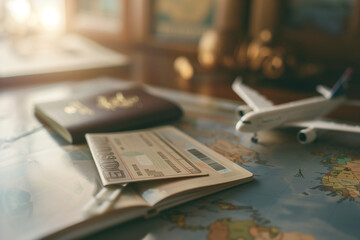 close-up professional photo capturing a passport, an airplane ticket, and a miniature plane model arranged neatly on a table. The focus is sharp on these travel essentials, with a