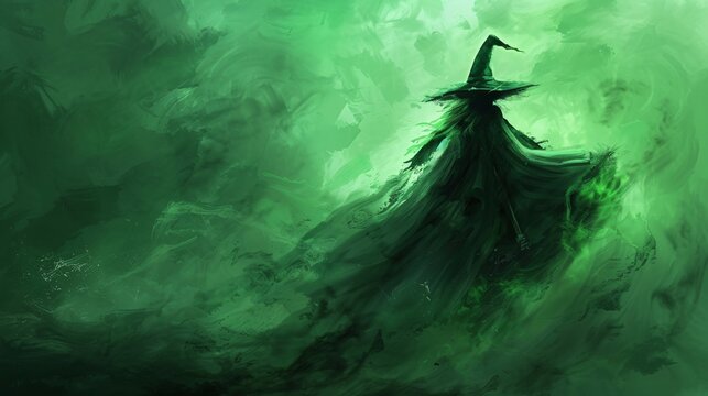 Green Witch Silhouette on Abstract Background