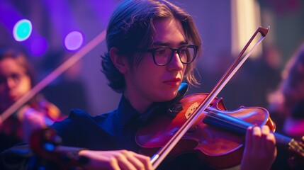 Fototapeta premium Violinist playing music concert intently generate ai