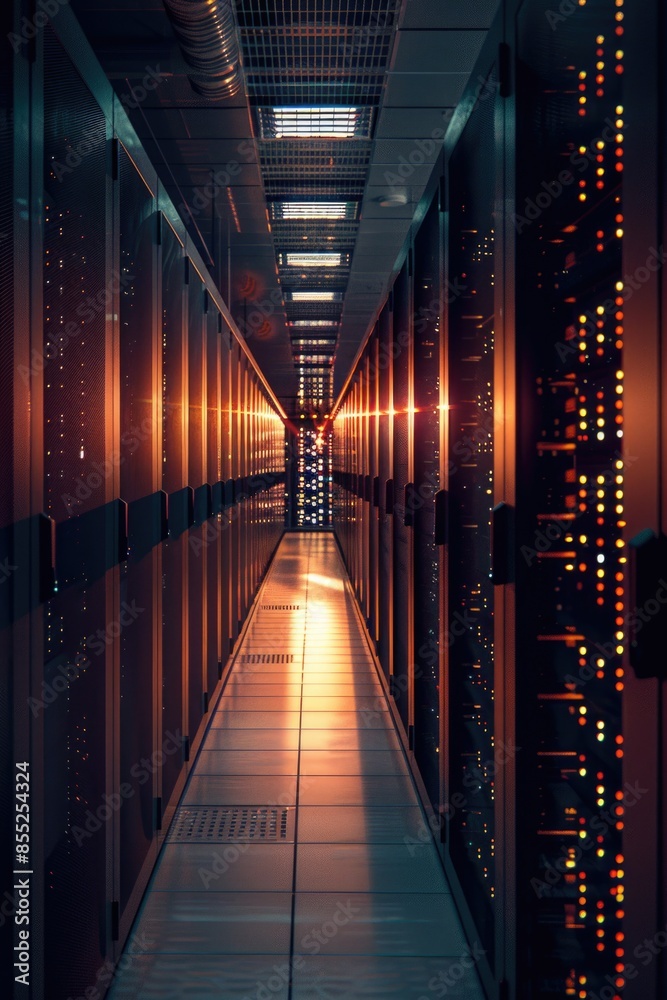 Poster Row upon row of computer servers in a long hallway