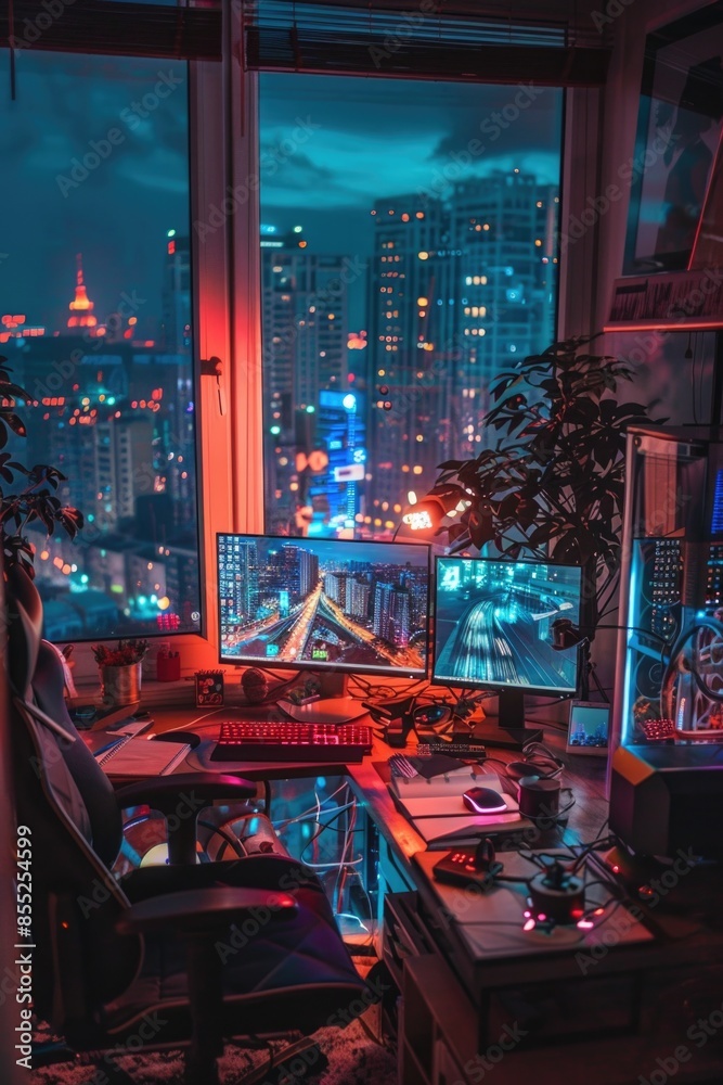 Poster A person's work station with two computer monitors and a keyboard, situated near a window with a cityscape or natural scenery outside