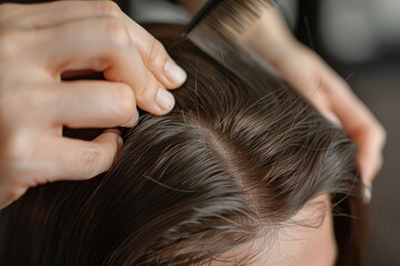 Fototapeta premium A woman sitting in a salon chair having her hair styled by a professional hairstylist
