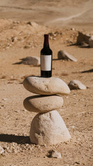 A promotional photo of a bottle of wine placed on a perfectly shaped stone.