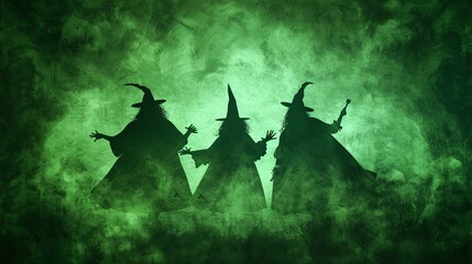 Fototapeta premium Three Silhouetted Witches in Green Mist
