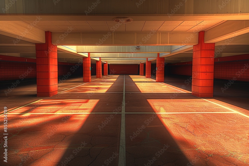 Aufkleber an empty parking garage with red brick walls and no cars inside, suitable for use in architecture or