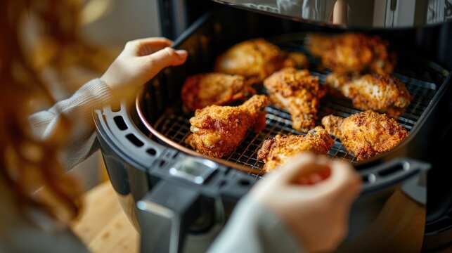 A person placing food into an air fryer basket, ready for cooking