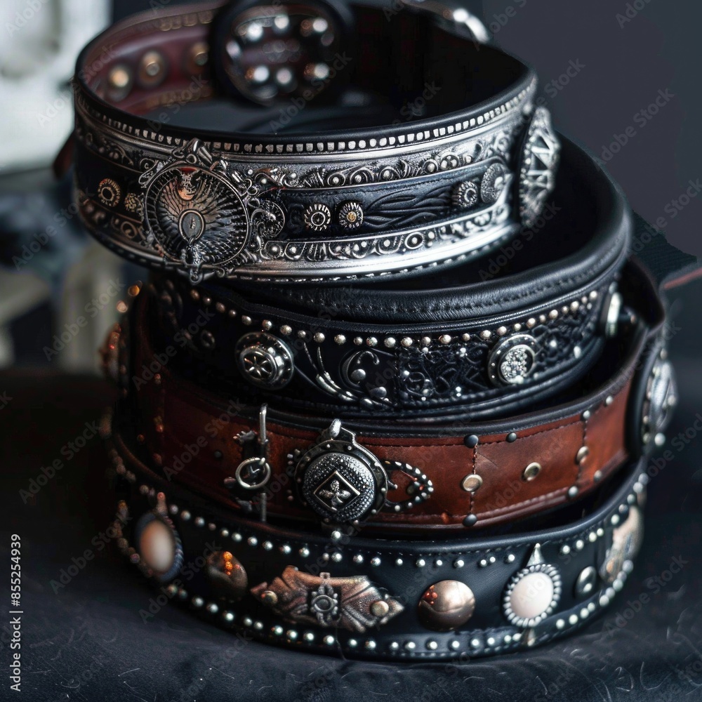 Poster a collection of leather bracelets displayed on a table
